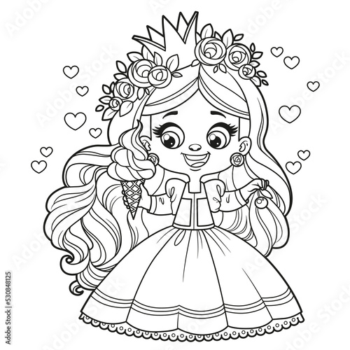 Leinwand Poster Cute cartoon longhaired girl princess withice cream and cherry outlined for colo