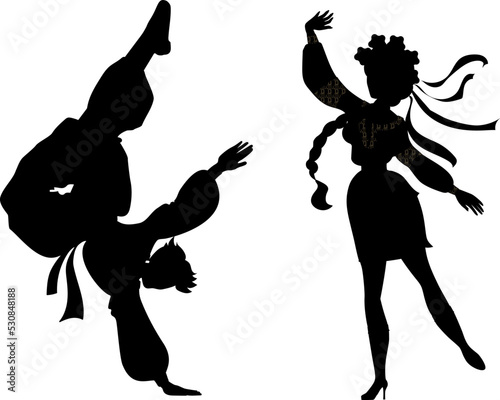 A strong and handsome guy and a beautiful girl dance the Ukrainian national dance hopak Happy and in love guy and girl love delicious ice cream. Silhouette black