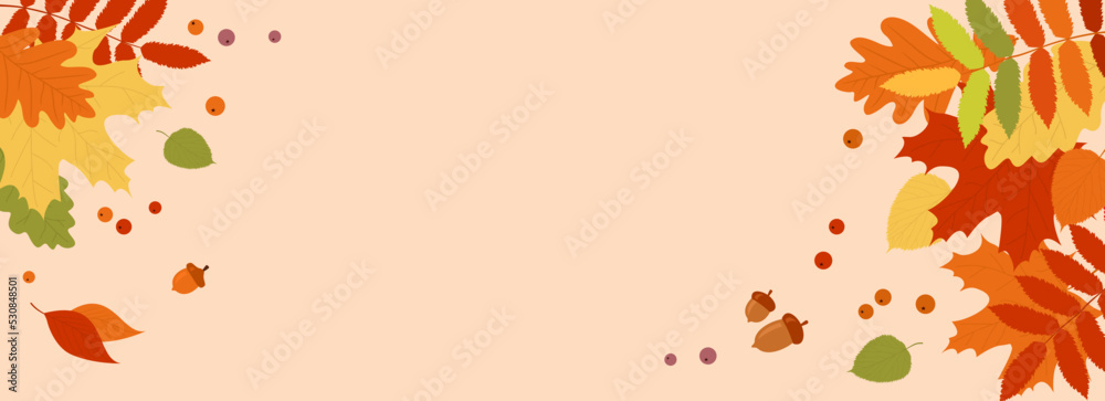Autumn banner with a frame of multicolored autumn leaves, berries and acorns and with a copy space. Flat vector illustration