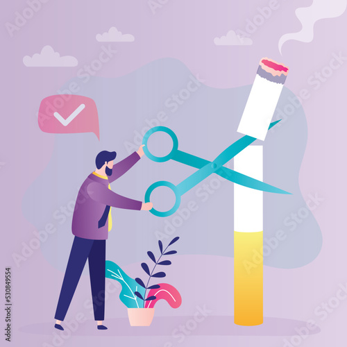Smart man uses scissors and cuts off a large cigarette. Stop smoking. Prohibition of tobacco products. Healthy lifestyle. To give up smoking.