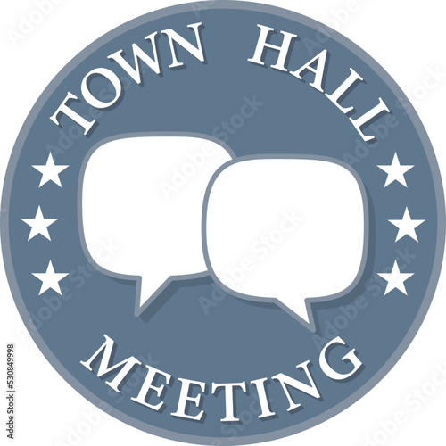 circular TOWN HALL MEETING label or symbol with speech bubbles symbolizing dialog, vector illustration