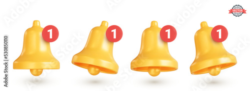 Set of golden bell icons with notification counters. Realistic golden bells, concept of a new message notification in social media, messengers or email. 3D vector illustration on white background