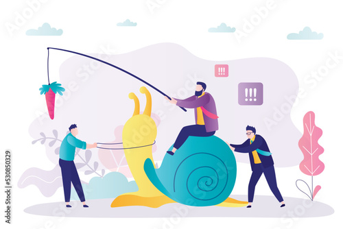 Businessman on sluggish snail trying to achieve success. Workers help boss move snail forward towards goal