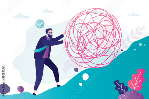 Businessman successfully coping with mental problems. Male character rolls ball of disturbing thoughts uphill