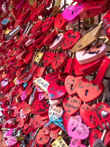 colorful hearts of love on the bridge