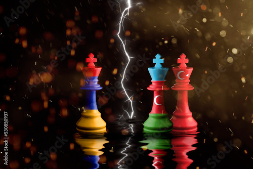 armenia, azerbaijan and Turkey flags paint over on chess king. 3D illustration armenia vs azerbaijan.