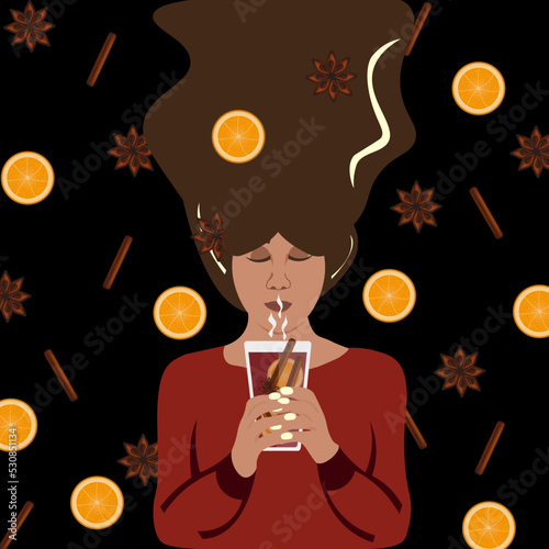 A creative advertising banner with a person holding a glass of hot mulled wine with slices of orange, anise stars and cinnamon sticks. A young autumn girl with mulled wine in her hands.