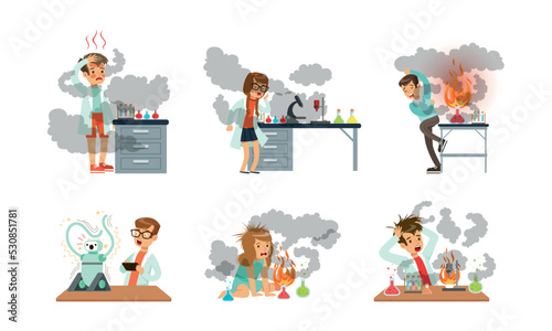 Children Scientist at Table with Exploded Flask with Chemicals After Failed Experiment Vector Set