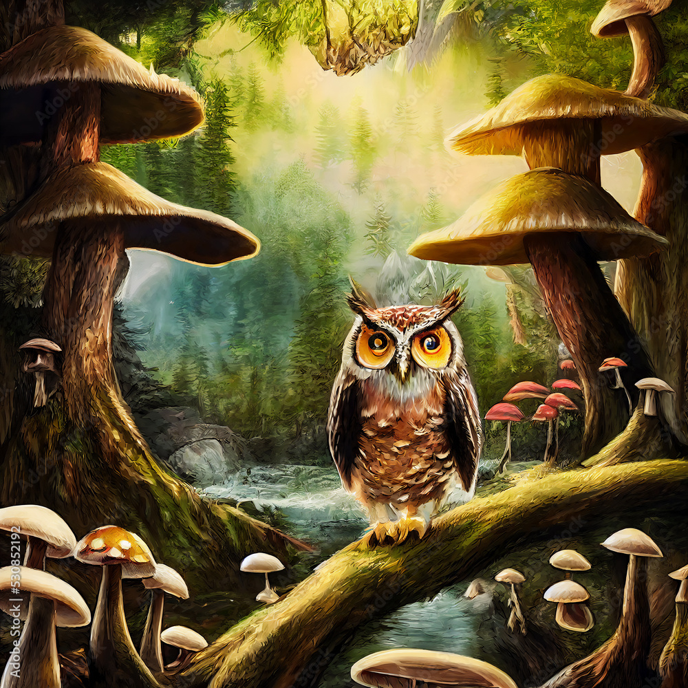 Fototapeta premium Owl sits on a branch surrounded by mushrooms.
