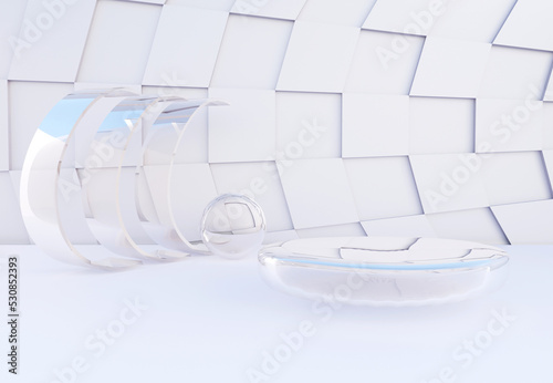 Glass podium with abstract art white wall. Stand to show products. Stage showcase with modern white scene. Pedestal display. 3D rendering. Studio platform template.