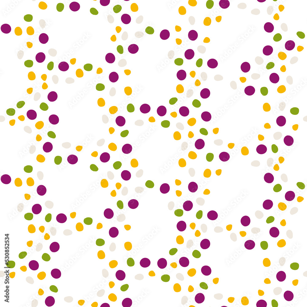 Obraz premium Funny dots in grid seamless pattern. Irregular shapes on white background. Childish colorful design with cute hand drawn circles. Flat cartoon style vector illustration