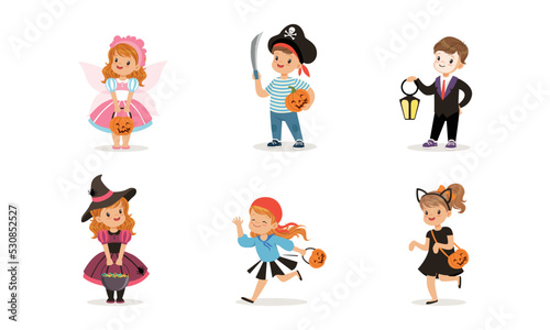 Cute Kids Dressed in Halloween Costume and Outfit Engaged in Spooky Holiday Masquerade Vector Set
