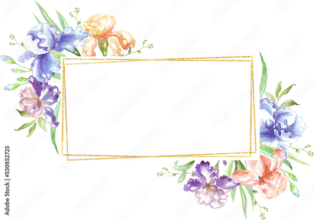 Watercolor iris frame. Hand-painted clipart