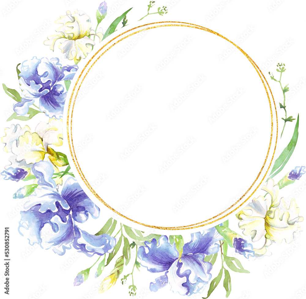 Watercolor iris frame. Hand-painted clipart