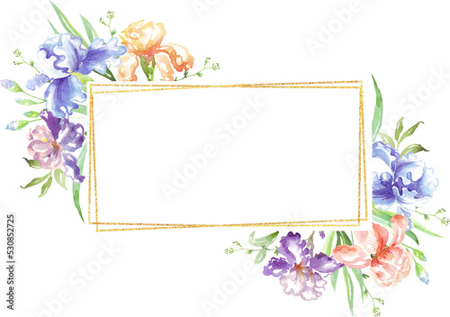 Watercolor iris frame. Hand-painted clipart