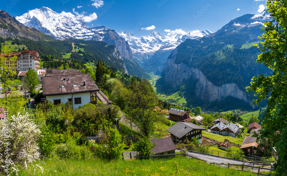 view on alpine village Wengen in Switzerland