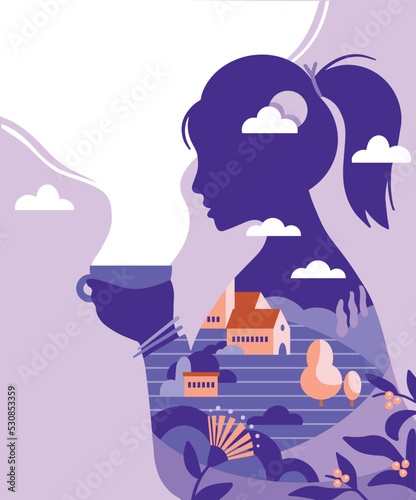Coffee farm. Coffee drinker silhouette. Conceptual design. Flat vector design. EPS. Morning aroma. Coffee cup.