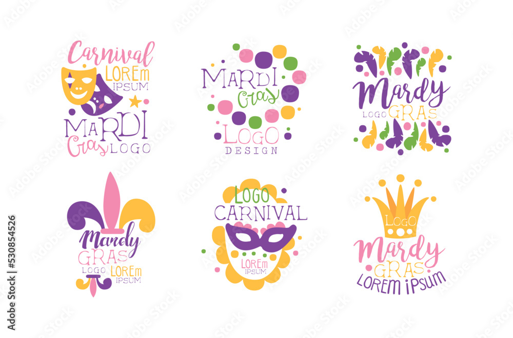 Mardi Gras Carnival and Festive Typography Label with Mask and Feather Vector Set Mardi Gras Carnival and Festive Typography Label with Mask and Feather Vector Set