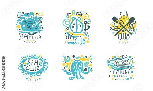 Sea and Marine Club Label Design with Octopus, Oar and Sailing Yacht Vector Set © topvectors