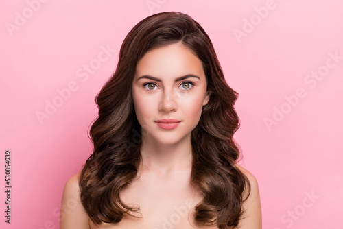 Photo of young adorable girl cosmetology procedure fresh pure face isolated over pink color background
