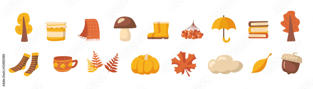 Autumn set. Set of autumn elements. Vector clipart isolated on white background. Autumn set. Set of autumn elements. Vector clipart isolated on white background.