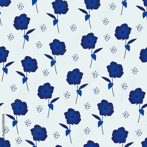 Modern fashionable vector seamless floral ditsy pattern design of blue flowers. Elegant repeating blooming flowers texture background for textile