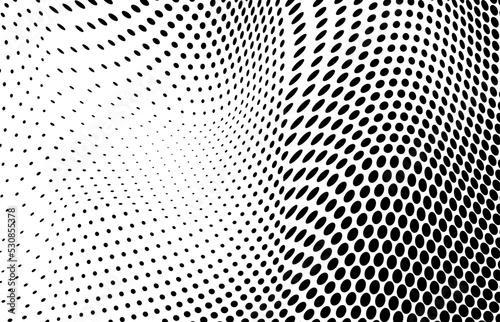The halftone texture is chaotic monochrome. Abstract black and white waves background of dots. Backdrop for the design of websites, business cards, posters
