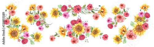 Dahlias, sunflowers bouquet, floral arrangements clipart. Stock illustration. Hand painted in watercolor.