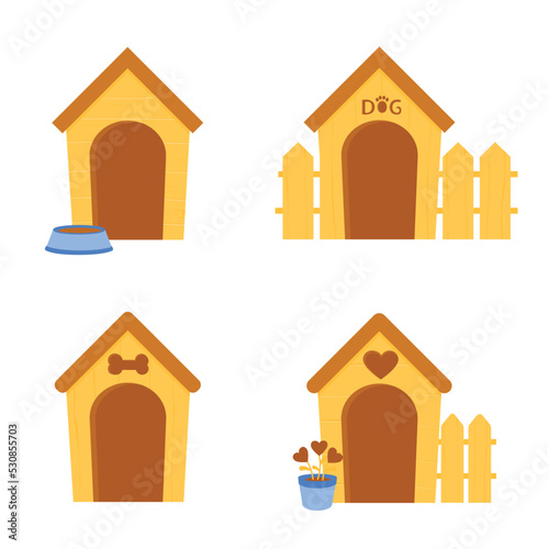 A kennel, a house for a puppy. Cabin. Pet. Food. Vector stock illustration. Isolated on a white background.