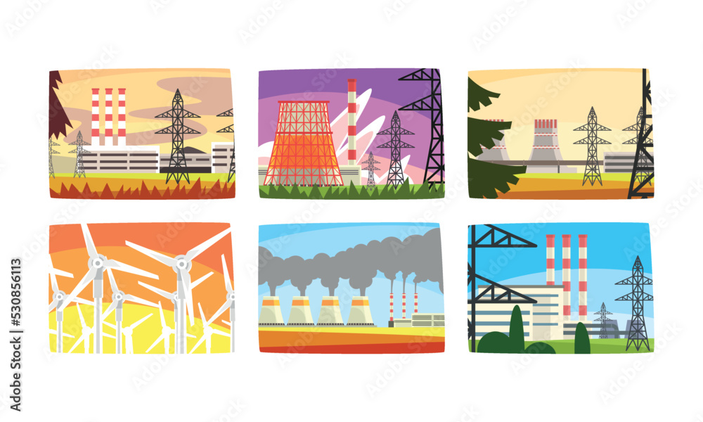 Power and Energy Generation with Nuclear Plant and Wind Generator Picture View Vector Set