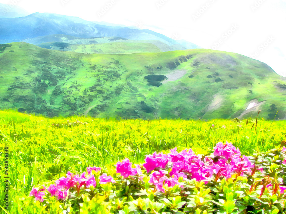 Obraz premium Beautiful landscape, green mountain with trees and beautiful pink flowers. Sunny summer forest. Watercolor drawing picture