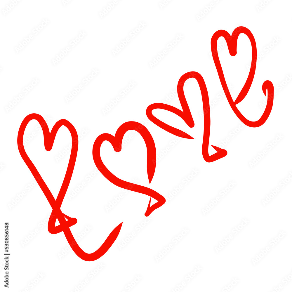 word Love made from red balloons in the shape of hearts, text on white background