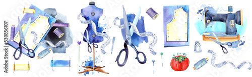 Watercolor sewing clipart. Dress form, sewing machine, needlework, stitching, scissors. Stock illustration. Hand painted in watercolor. 