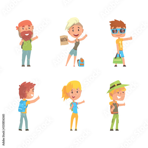 People Travelling by Hitchhiking or Autostop Thumbing Standing on the Road Vector Set