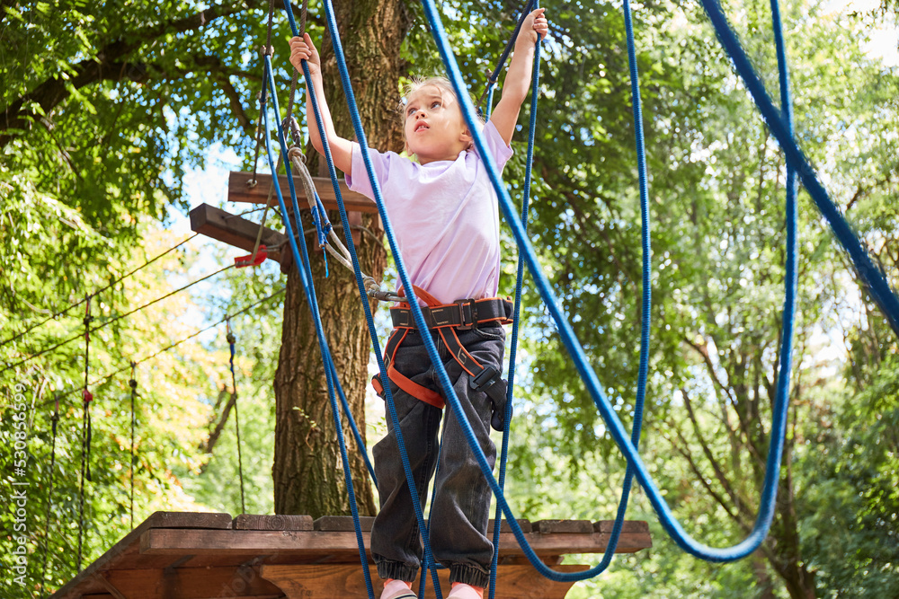 Portrait of brave little girl walk on a rope bridge in an adventure ...