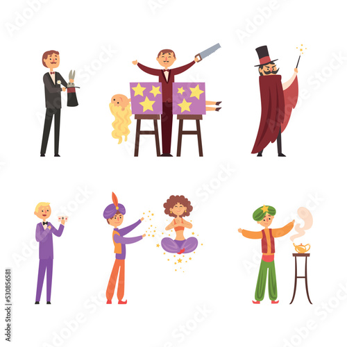Illusionist, Magician or Prestidigitator Demonstrating Trick with Top Hat and Saw Vector Set