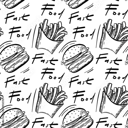 Fast food seamless pattern in sketch style. Hand drawn background with food - french fries, hamburgers, cheeseburgers,woper. Cafe, restaurant, menu use,fast food fast drawing.