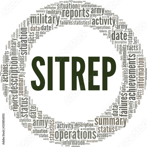 Sitrep - Military Situation Report word cloud conceptual design isolated on white background.