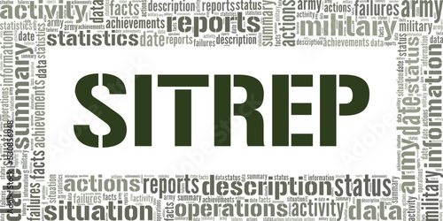 Sitrep - Military Situation Report word cloud conceptual design isolated on white background.