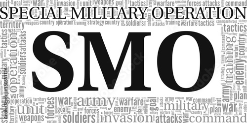 SMO - Special Military Operation word cloud conceptual design isolated on white background.