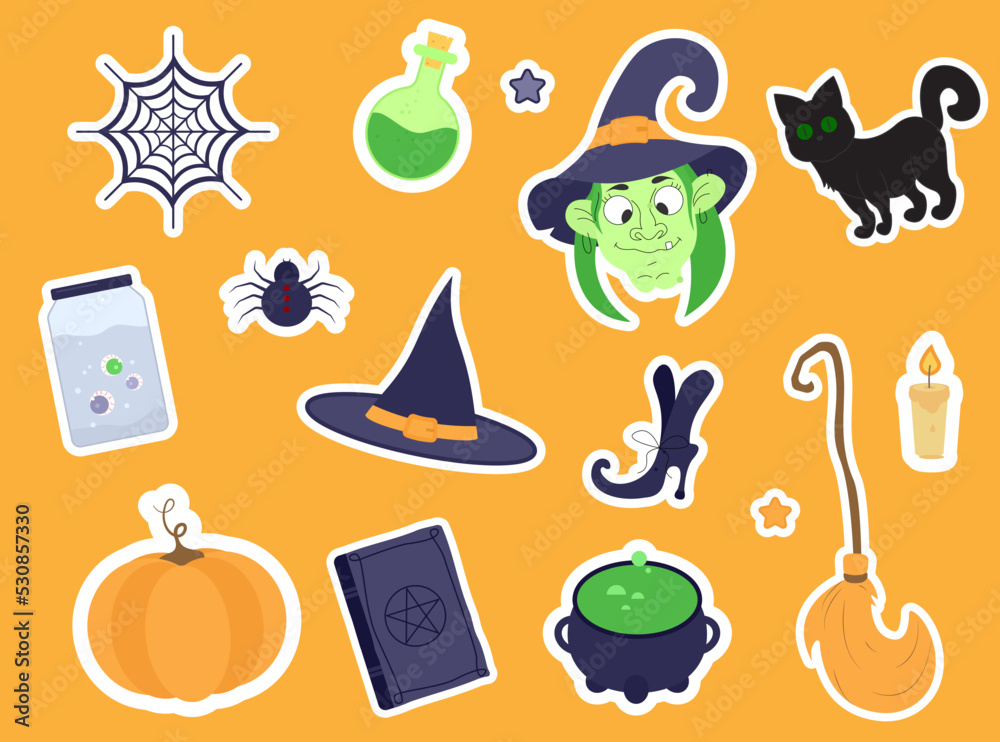 Set of cartoon halloween stickers. Hand drawn illustration. . Vector collection of Halloween elements