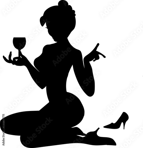 A beautiful brunette girl in a small black dress is resting with a glass of red wine. Silhouette black   Vector.