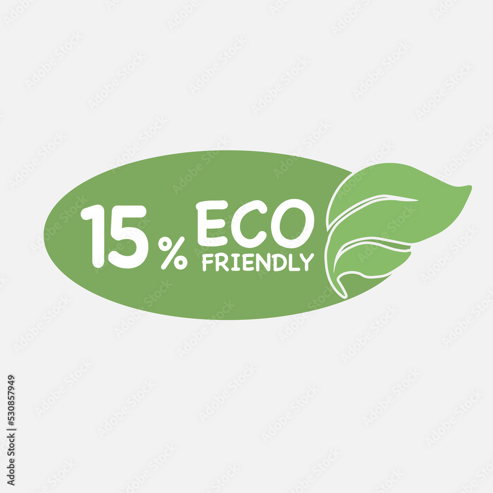 15% Eco friendly green leaf label sticker. 2d vector illustration. Eco friendly stamp icons Vector illustration with Green organic plant leaf. 15% Eco friendly green leaf label sticker. 2d vector illustration. Eco friendly stamp icons Vector illustration with Green organic plant leaf.