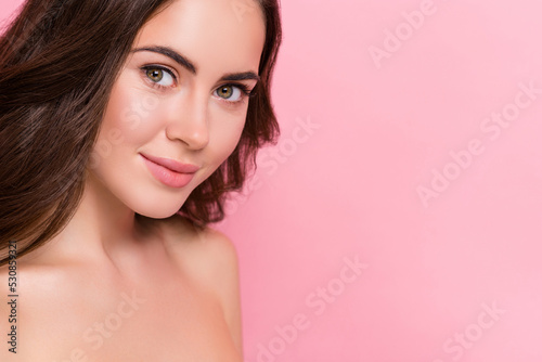 Cropped photo of young pretty woman lifting moisturizing fresh skin spa isolated over pink color background