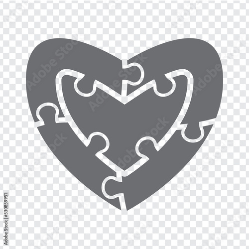 Simple icon of heart puzzle in grey.  Simple icon puzzle of four elements and center  on transparent background for your web site design, logo, app, UI. EPS10.
