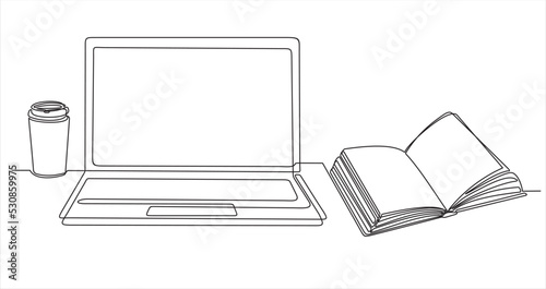 One continuous line drawing of computer laptop, book and a cup of coffee. Study space desk concept. Single line draw design vector illustration