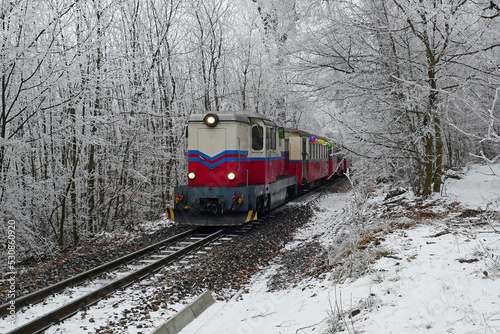 So called children's railway in the Buda hills in Budapest Hungary. Frozen landscape in the winter