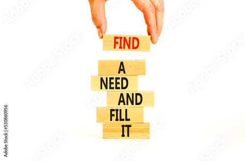 Find a need and fill it symbol. Concept words Find a need and fill it on wooden blocks on a beautiful white background. Businessman hand. Business and find a need and fill it concept. Copy space. photo