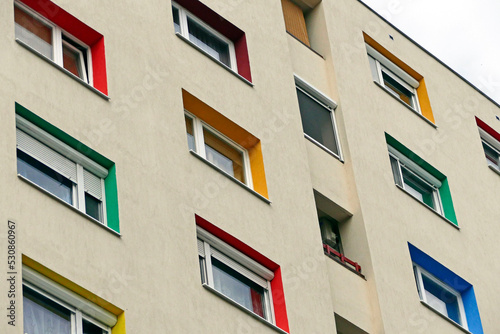 Colorful, newly renovated block of flats in Eastern Hungary from the communist times. © Zoltan