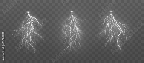 Set of realistic thunderstorm and lightning, the effect of light and shine. Charge current. Natural phenomena.
